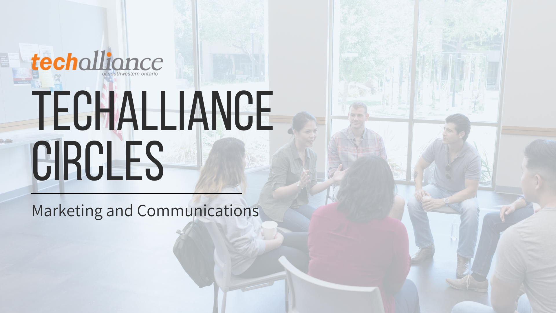 a group of people sitting around a table with the words tech alliance circles marketing and communications.