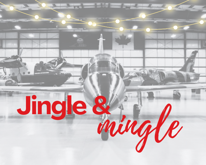 Jingle & Mingle written against a black and white background of the hangar