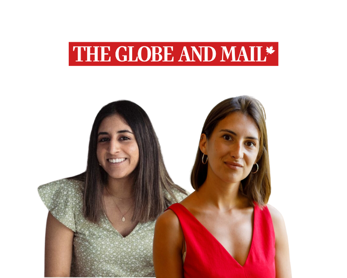 Two woman smiling against a white background with Globe and Mail logo at the top